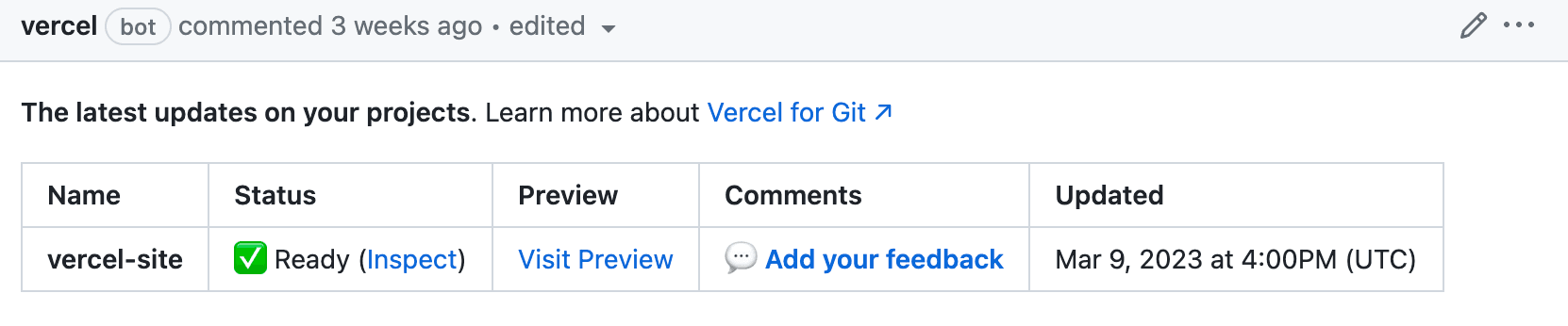 Vercel for GitHub deploying a pull request automatically.
