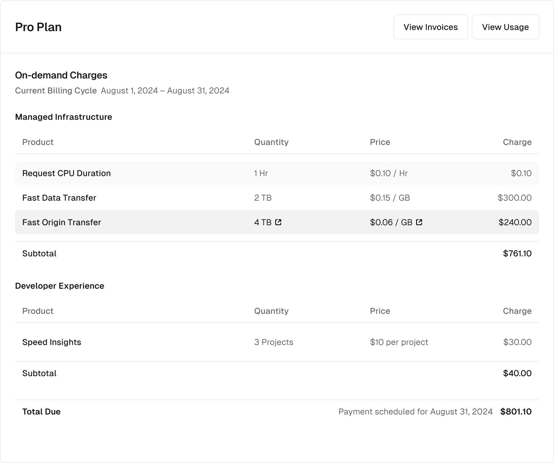 Pro plan invoice with on-demand charges