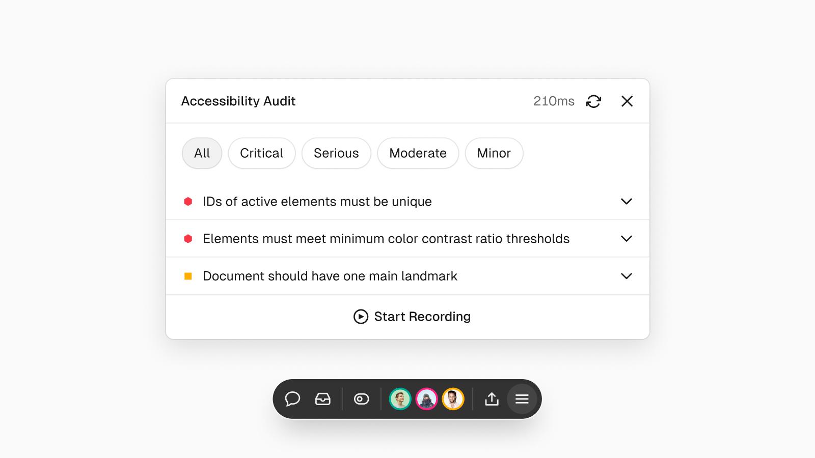 The accessibility audit tool is available on any page of your website and groups issues by impact.