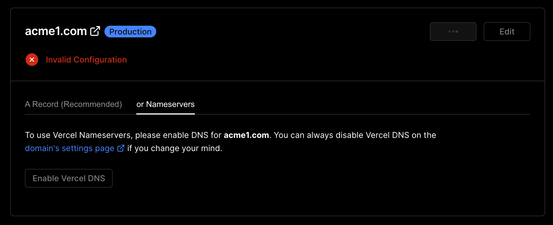 Instructions on opting in to use Vercel Nameservers.