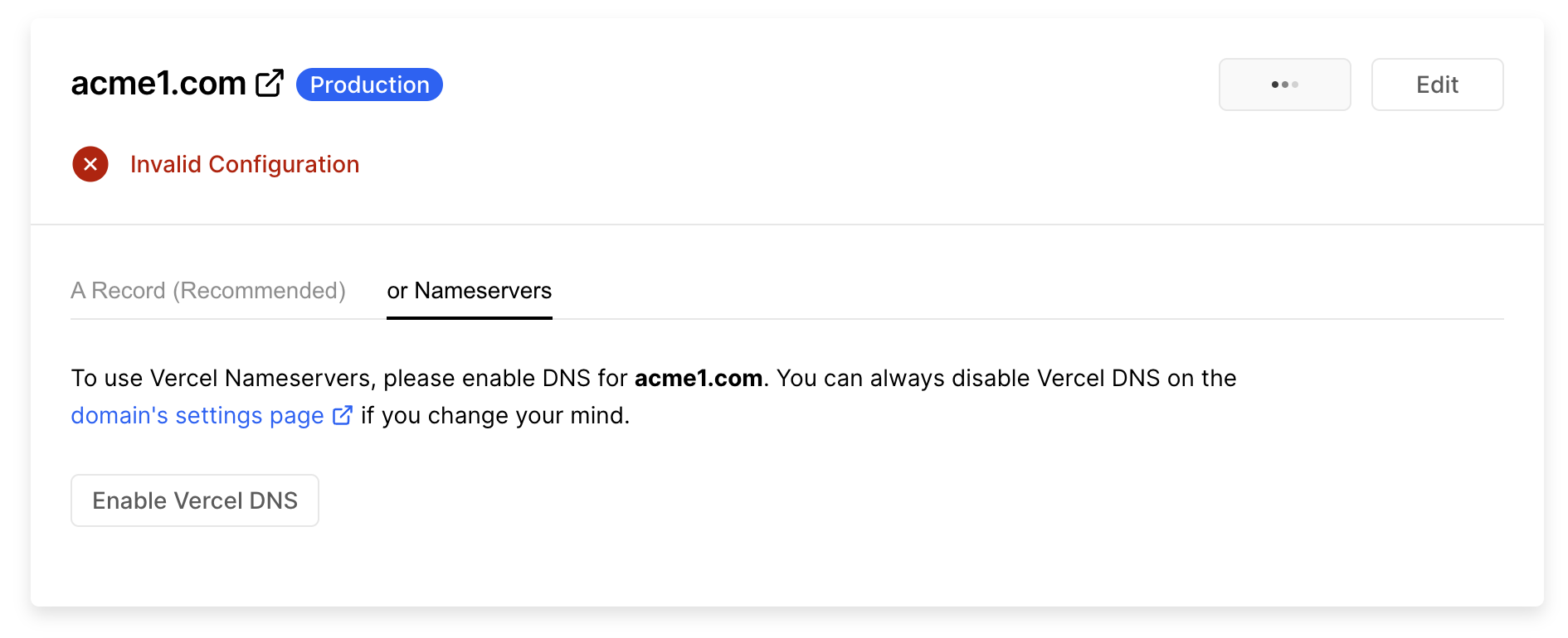 Instructions on opting in to use Vercel Nameservers.