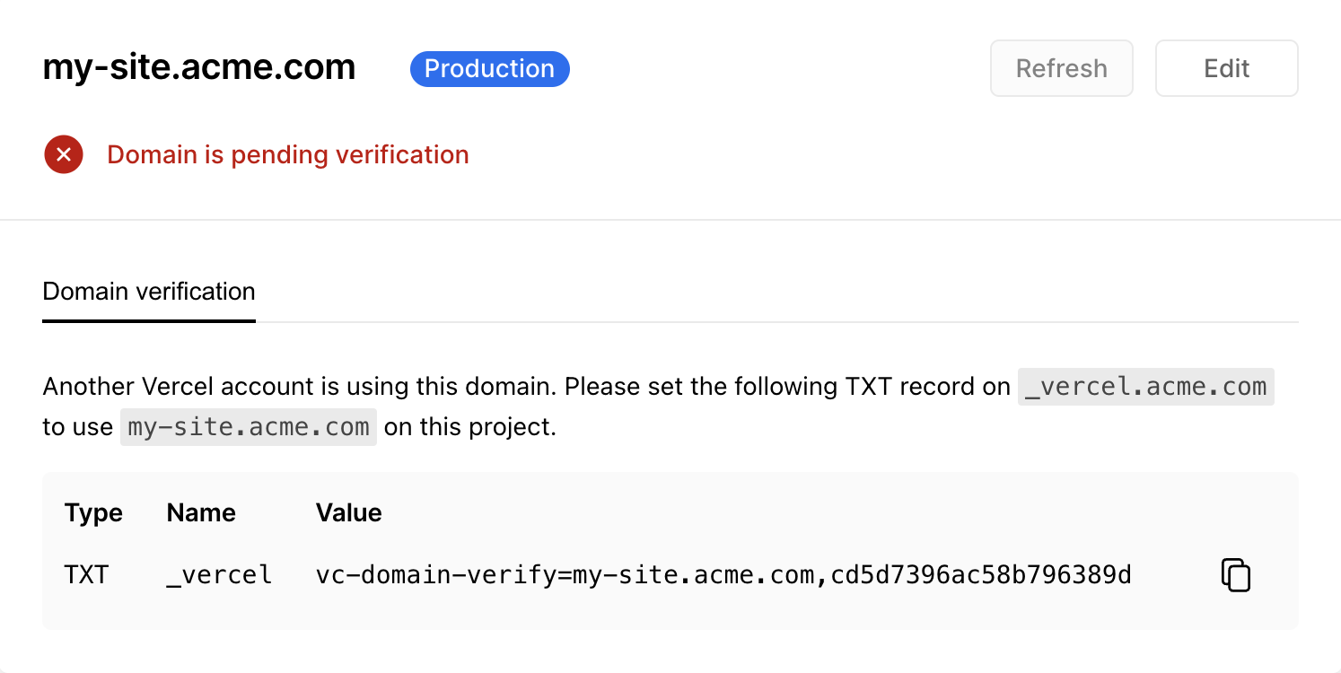 Instructions on verifying a domain by setting a DNS record on the apex domain.