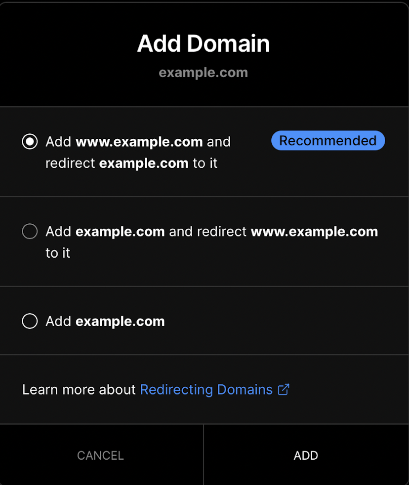 Choosing redirect options for your apex domain.