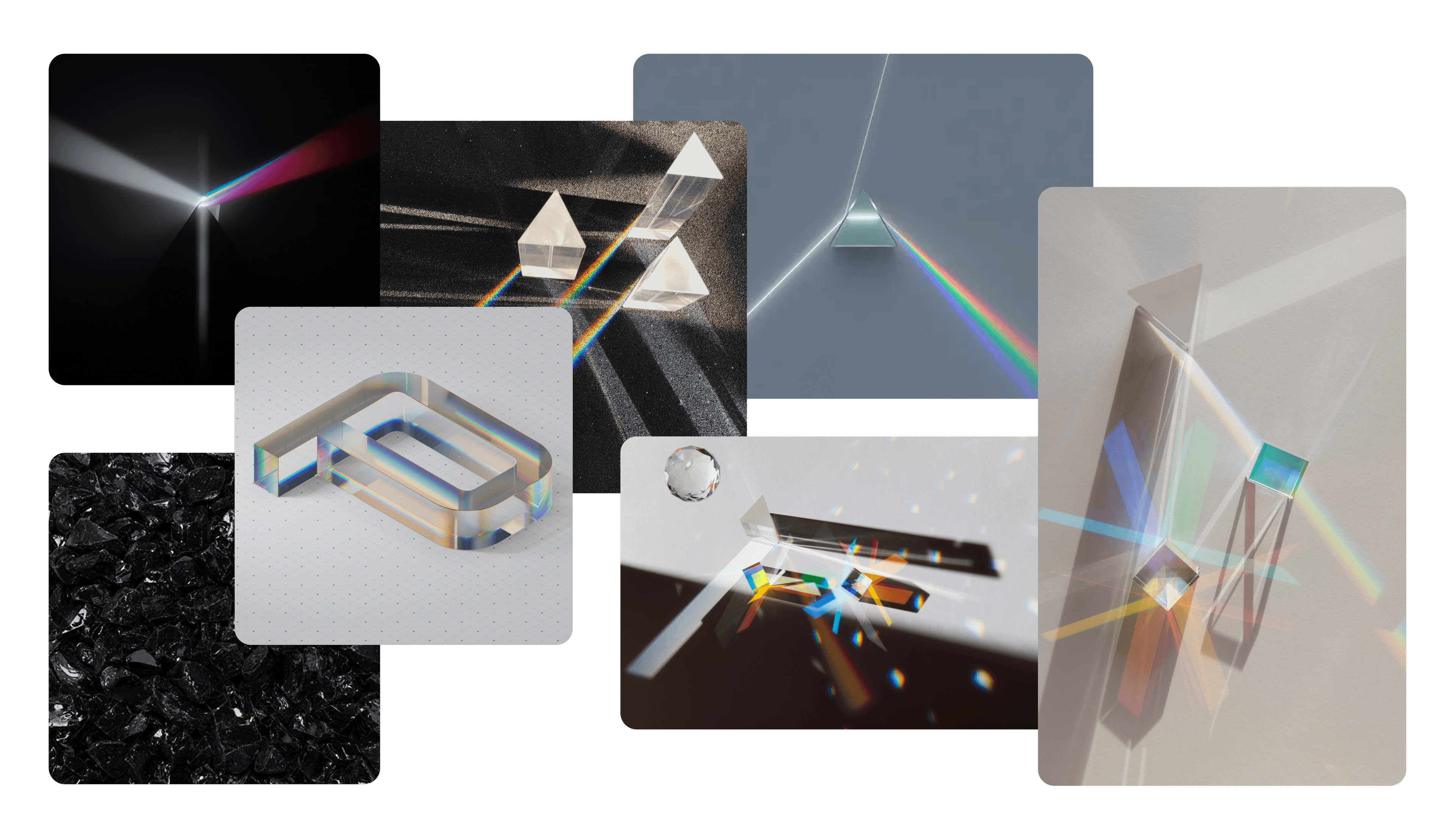 A mood board depicting many of the concepts that led to the creation of the Next.js Conf registration page. Prisms, beams of light, and rainbows create vivid, eye-catching visual elements.¹