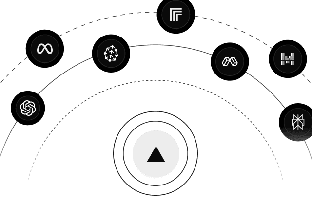 3 sequentially growing orbit rings with icons of various AI vendors on each ring. The Vercel logo is centered on the inner most ring, emphasising the Vercel AI Marketplace.