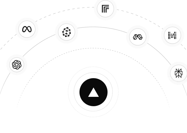 3 sequentially growing orbit rings with icons of various AI vendors on each ring. The Vercel logo is centered on the inner most ring, emphasising the Vercel AI Marketplace.