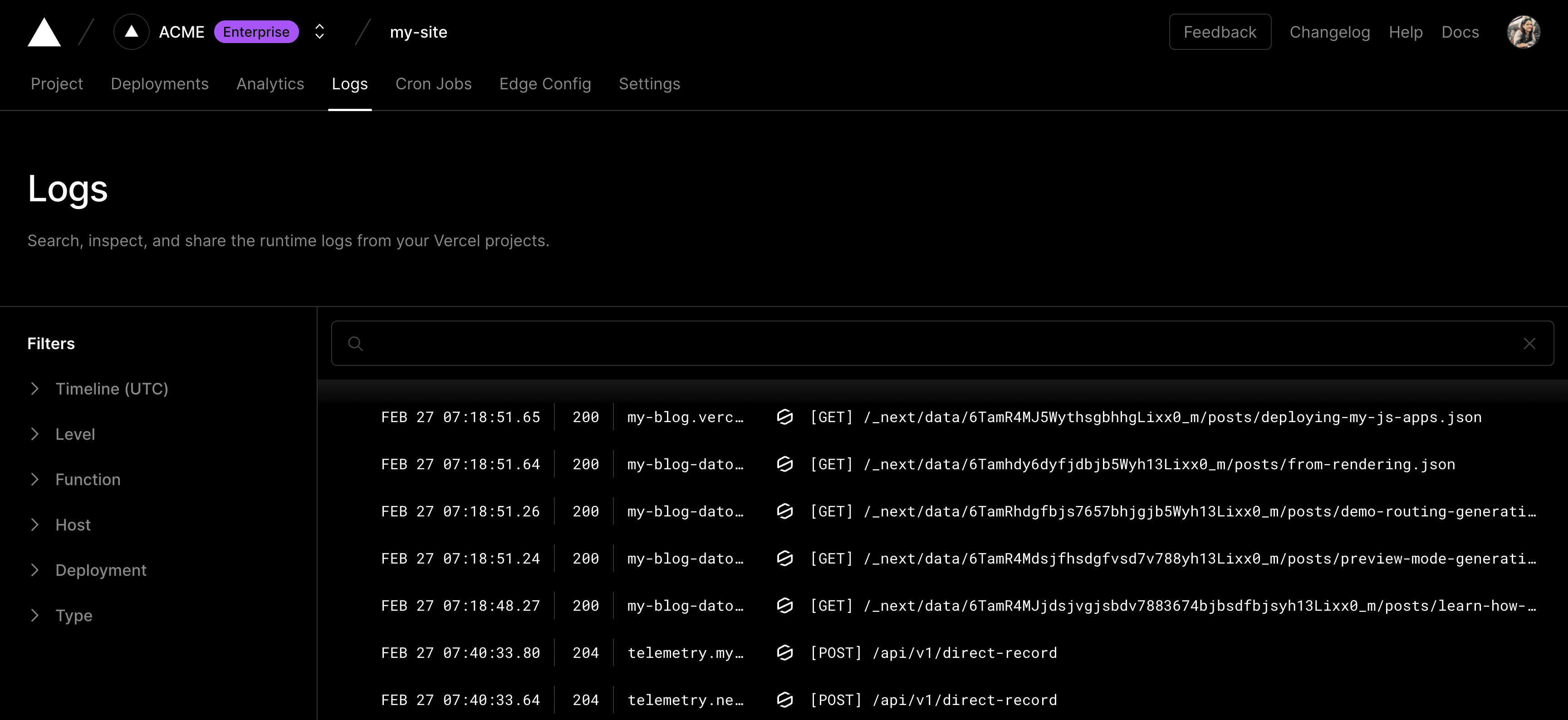 The Logs tab showing the runtime logs for your Edge Functions.