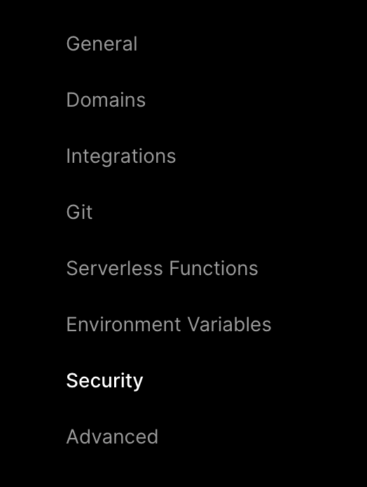 Selecting the Security menu item from the Project Settings page.