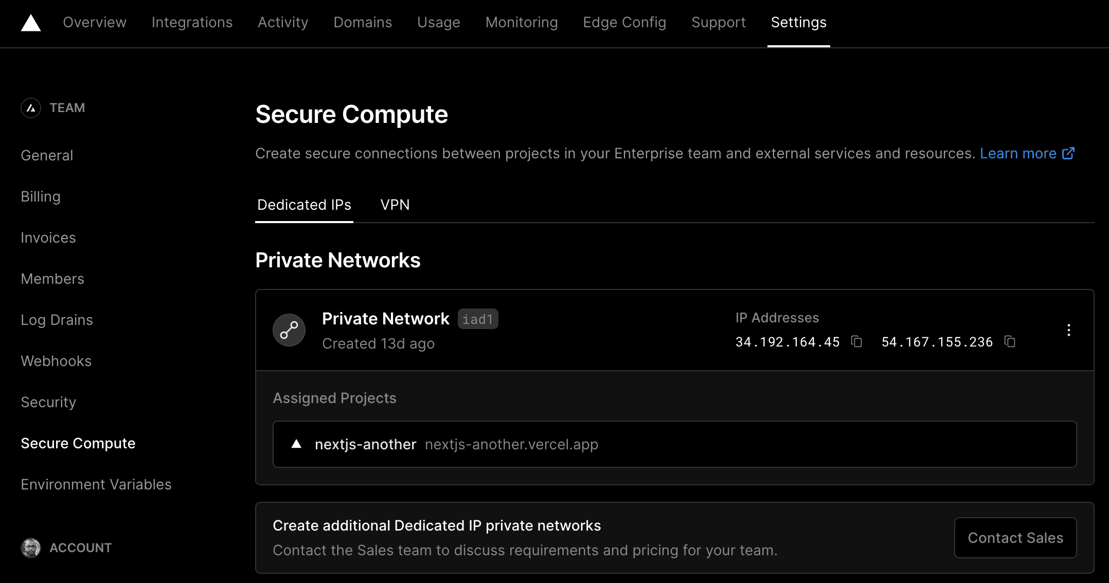 Secure Compute Section in the Team Settings.