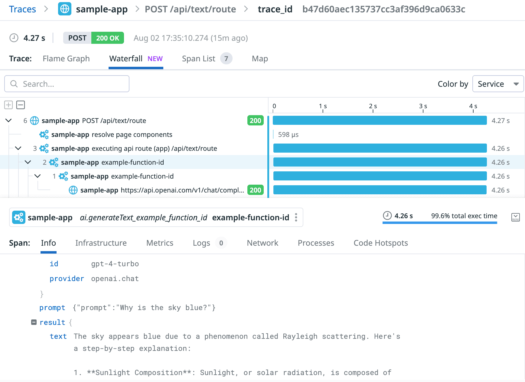 Trace visualization with Datadog and the Vercel AI SDK