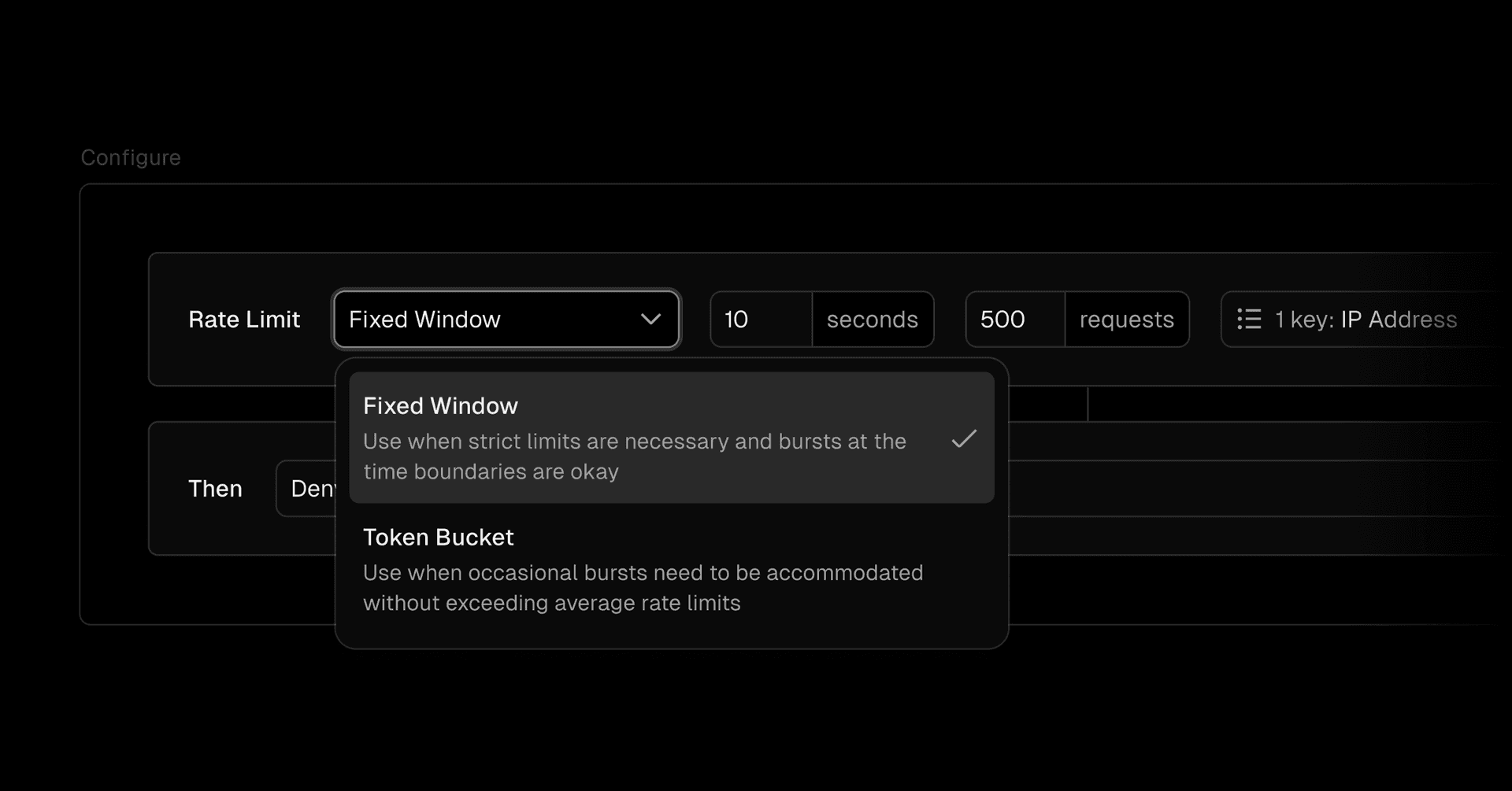 Granular rate limiting configuration to set actions, algorithms, time windows, request limits, and tracking keys, allowing precise control of traffic flow and safeguarding your APIs.