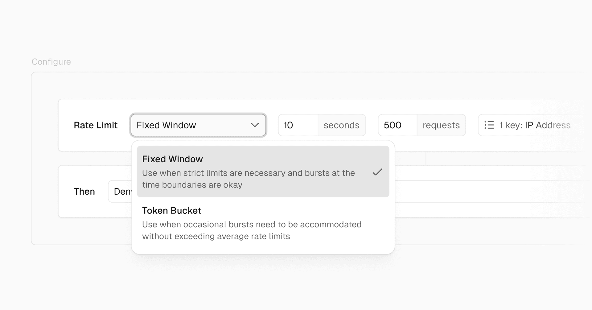 Granular rate limiting configuration to set actions, algorithms, time windows, request limits, and tracking keys, allowing precise control of traffic flow and safeguarding your APIs.