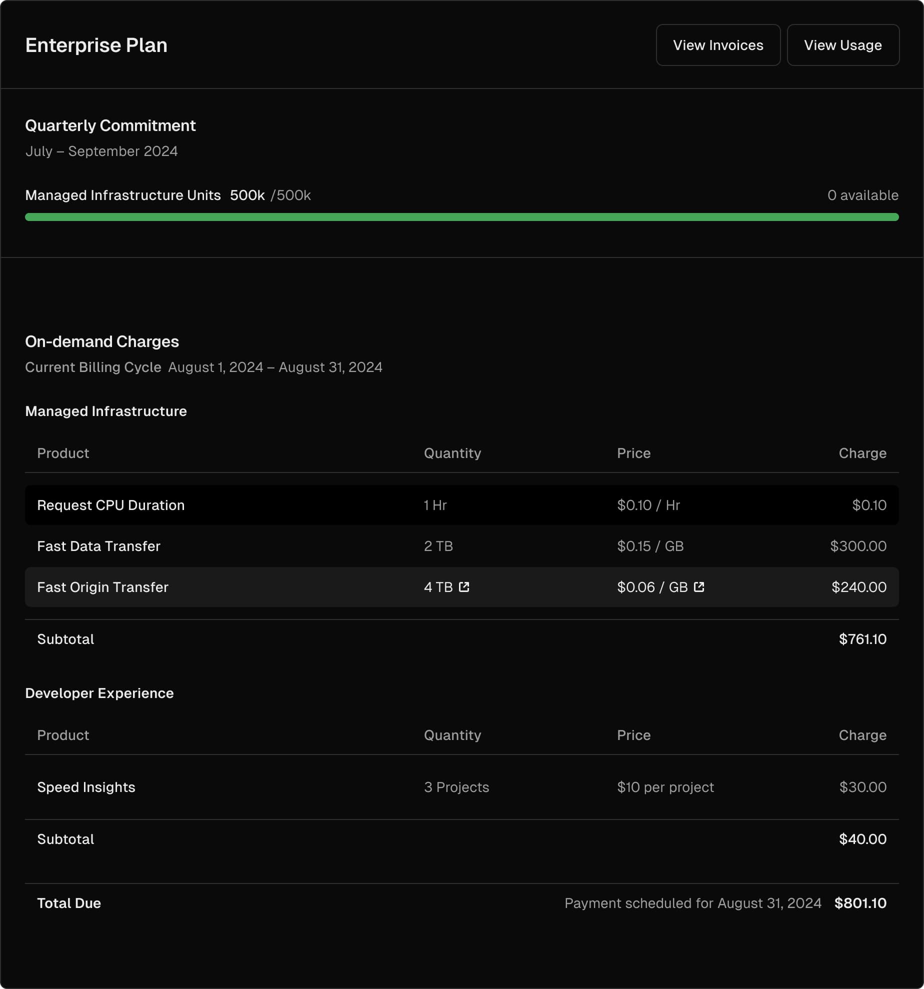 Enterprise plan invoice with Managed Infrastructure Units commitment and on-demand charges