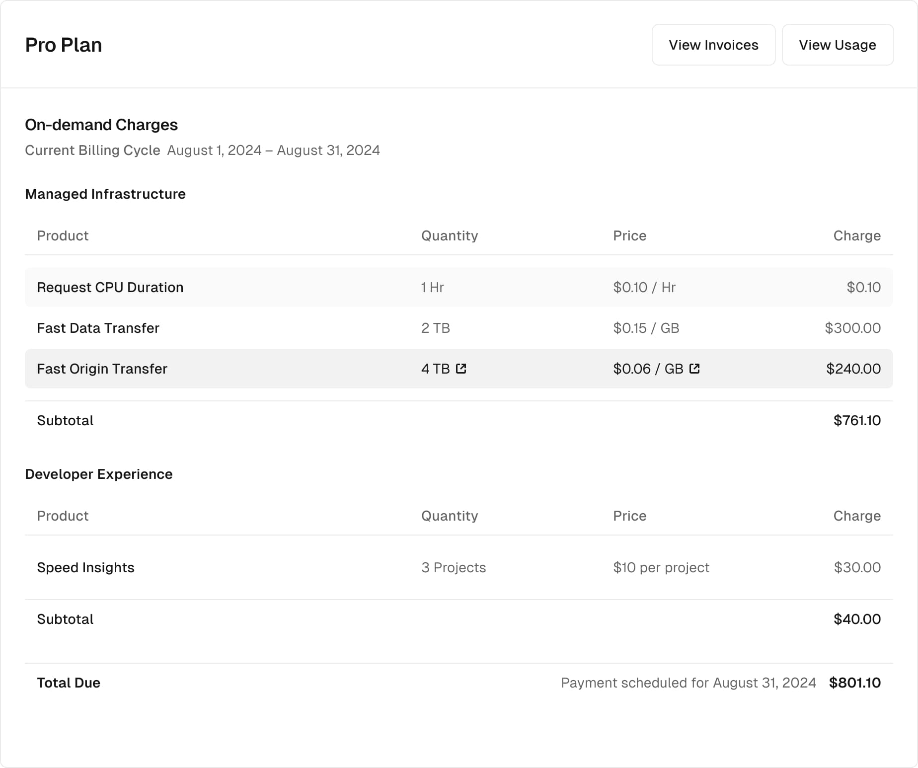 Pro plan invoice with on-demand charges