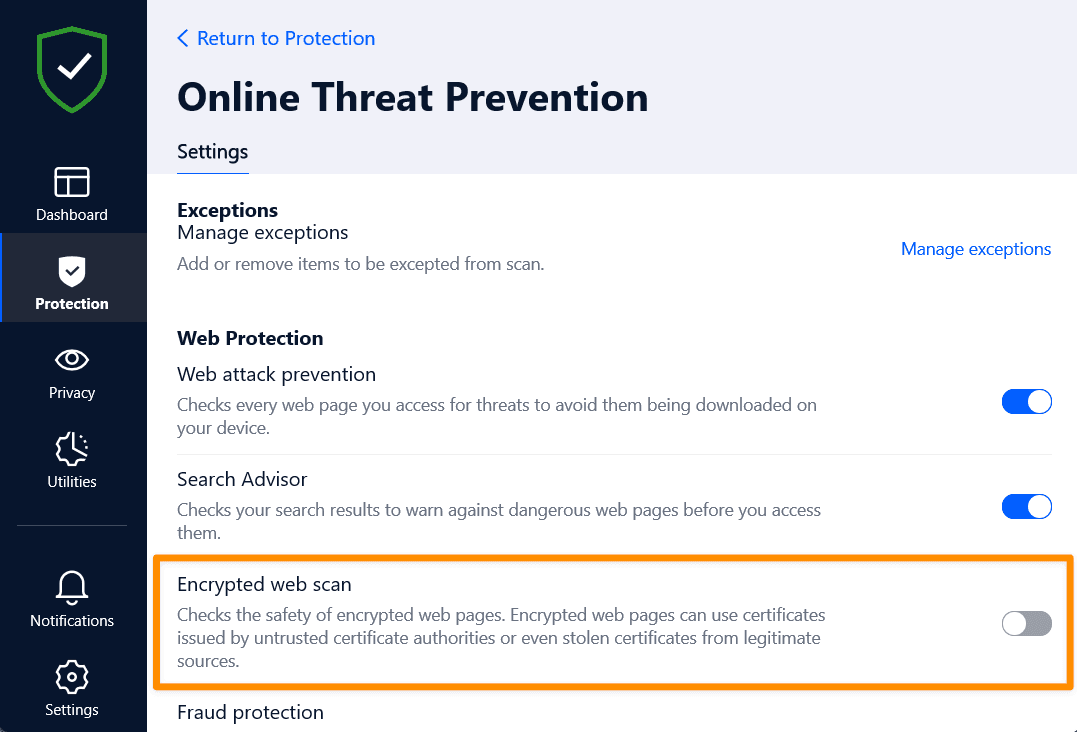 Disabling the Encrypted web scan feature in Bitdefender