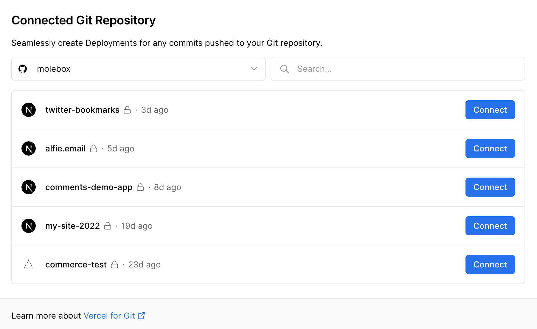 Choosing a GitHub repository to connect to your project.