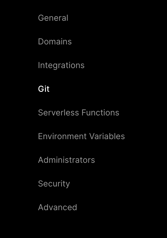  Selecting the Git menu item from the project settings page.