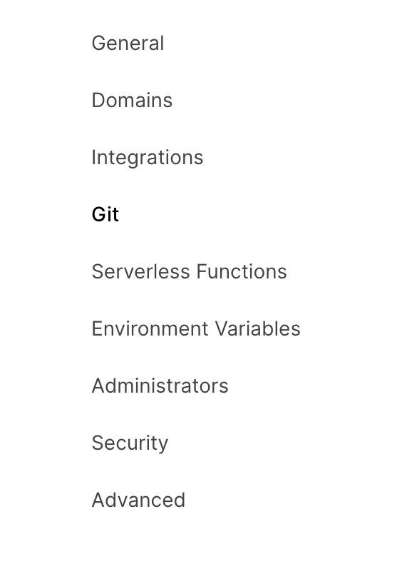  Selecting the Git menu item from the project settings page.