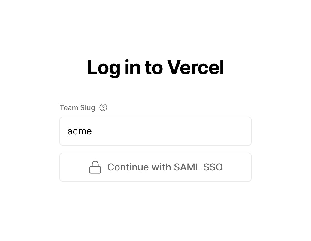 Vercel's login page showing only the SAML SSO login button.