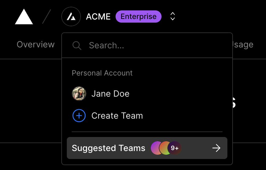 Creating a Team from the scope selector from the dashboard.