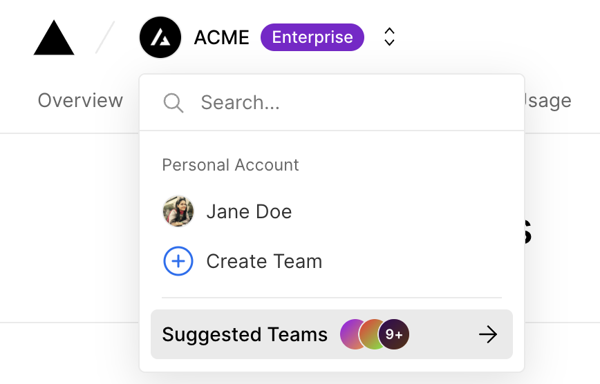 Creating a Team from the scope selector from the dashboard.