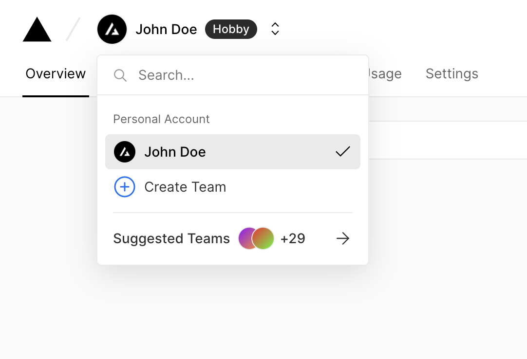 Creating a team from the scope selector in the dashboard.