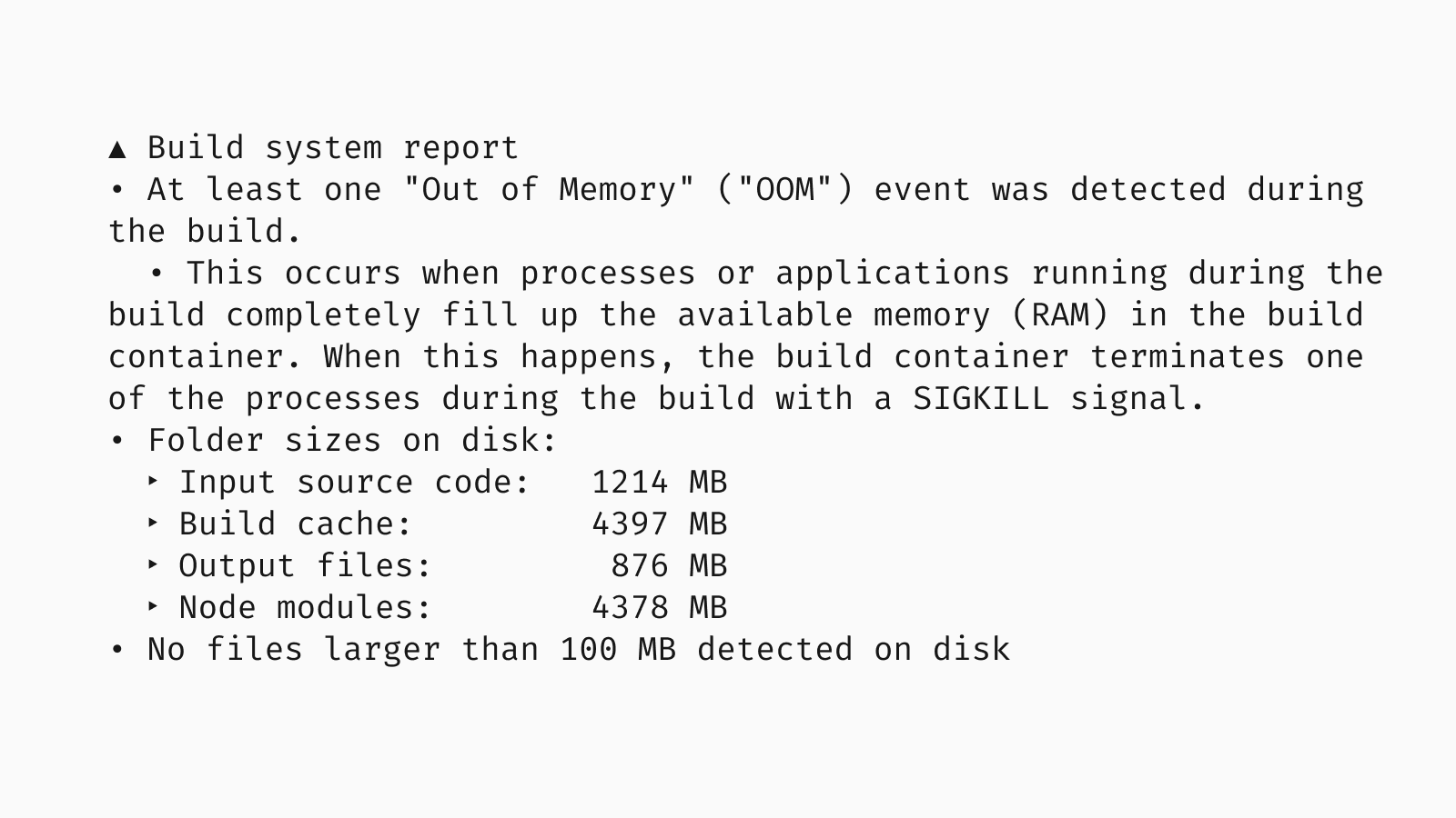 Cover for More detailed report on out of memory or disk space errors on builds