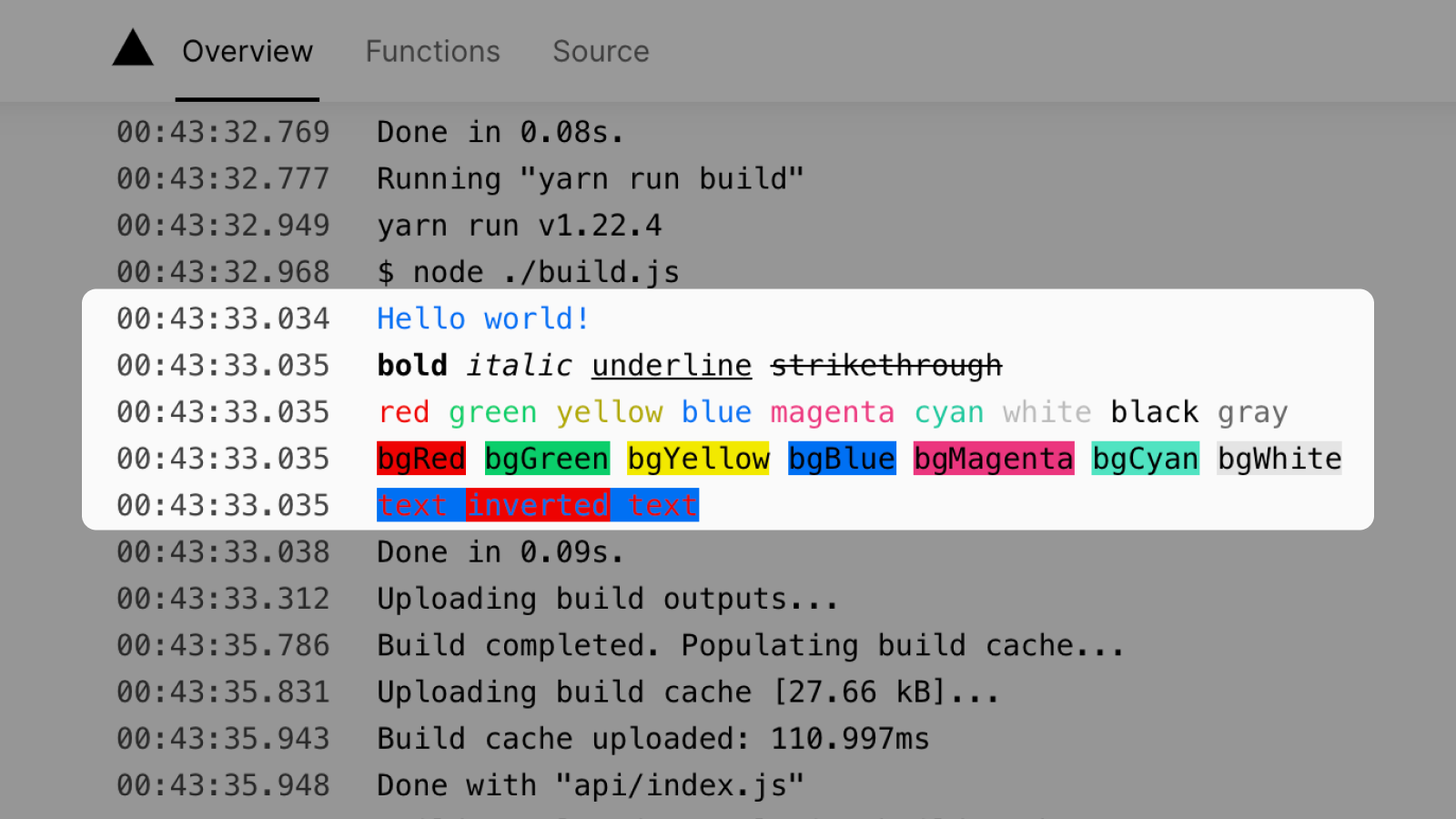 Cover for Build and Function Logs now render ANSI color codes nicely