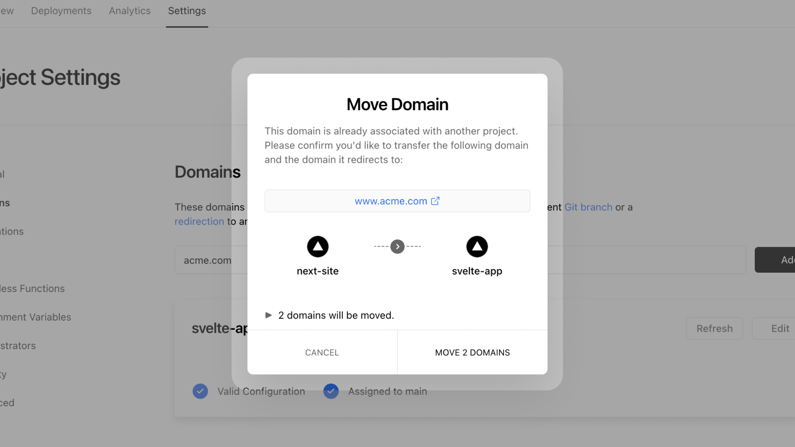 Cover for Instantly transfer domains to new projects