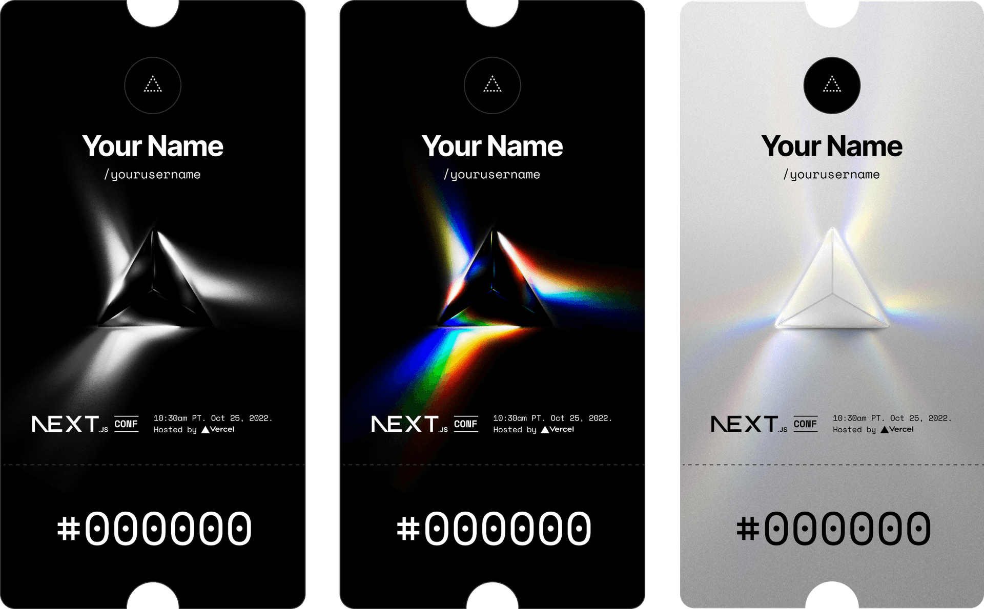 The 3 Next.js Conf ticket themes side-by-side.