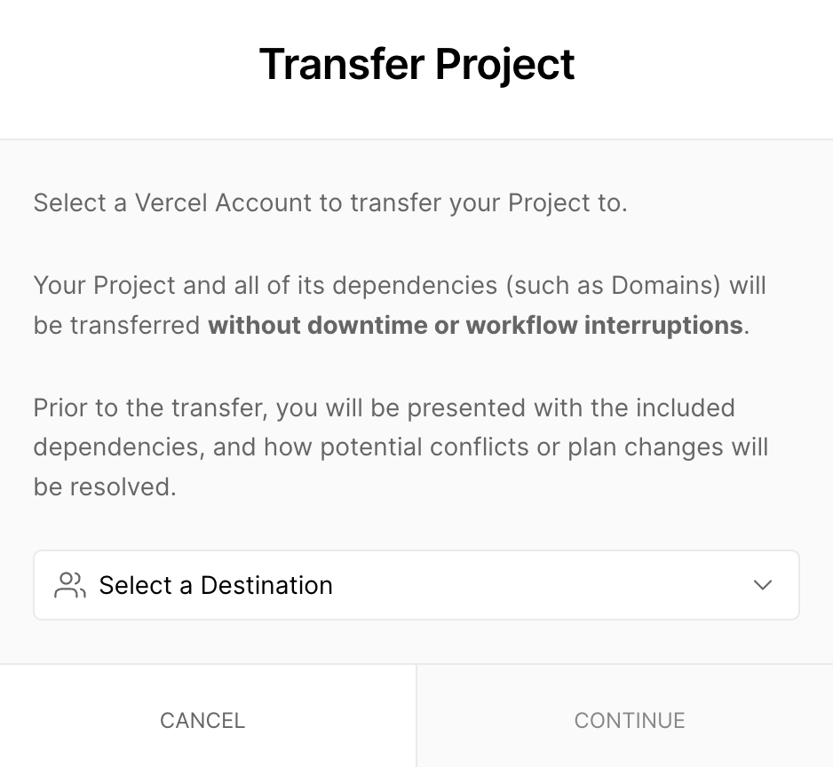 Choosing an account to transfer the Project to.