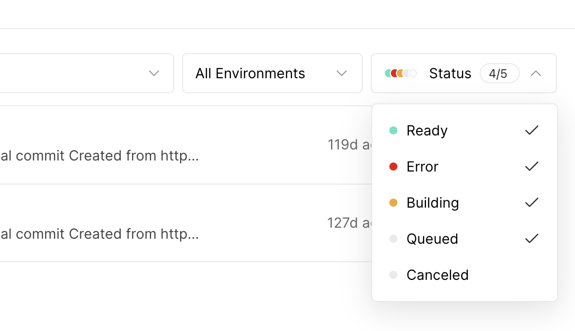 The Deployments tab with the status filter dropdown open.