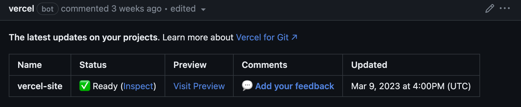 Vercel for GitHub deploying a pull request automatically.