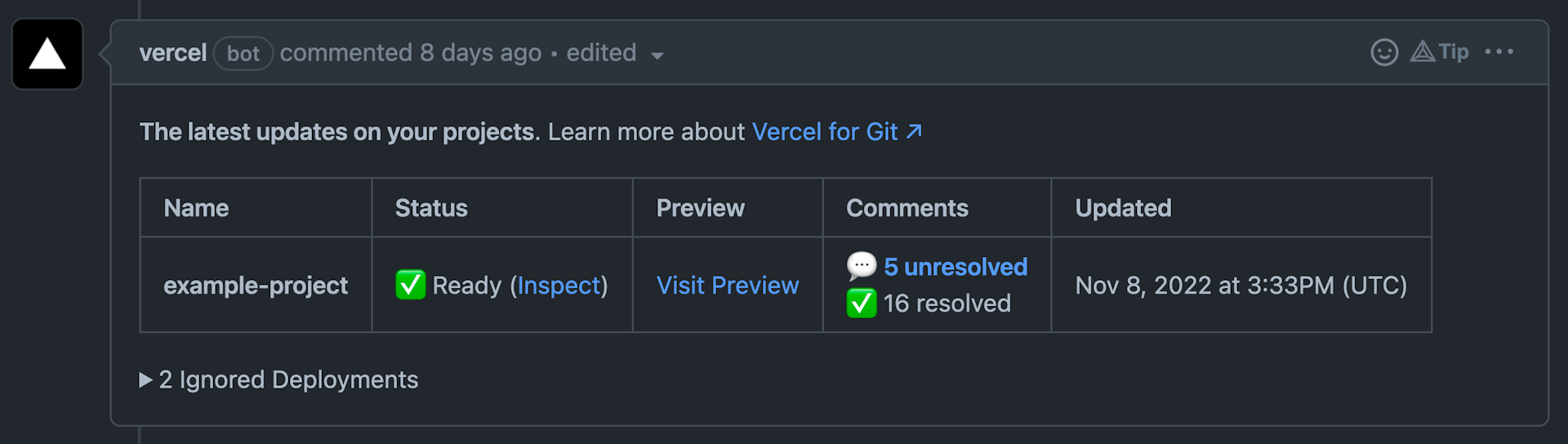 A message from Vercel bot in a GitHub PR.