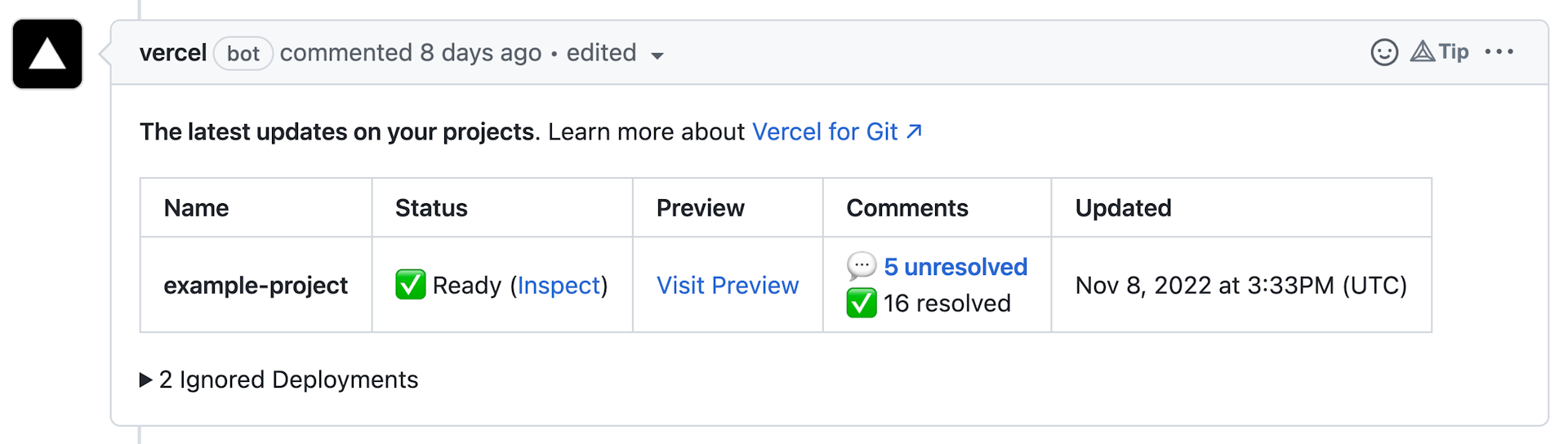A message from Vercel bot in a GitHub PR.