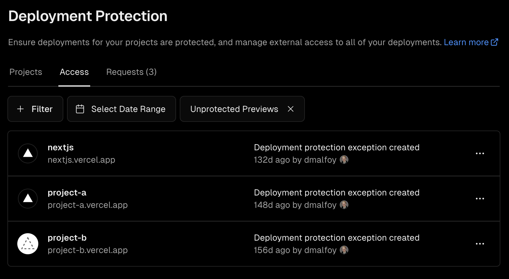 Dashboard > Settings > Deployment Protection > Access