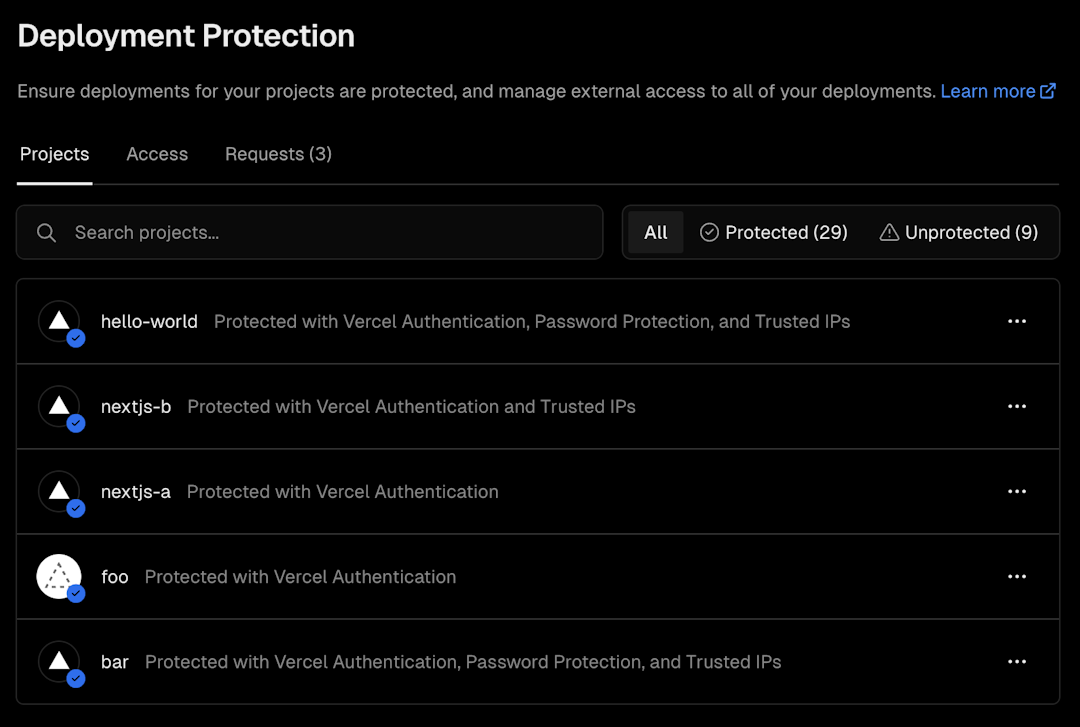 View your project protections on the Dashboard > Settings > Deployment Protection page.