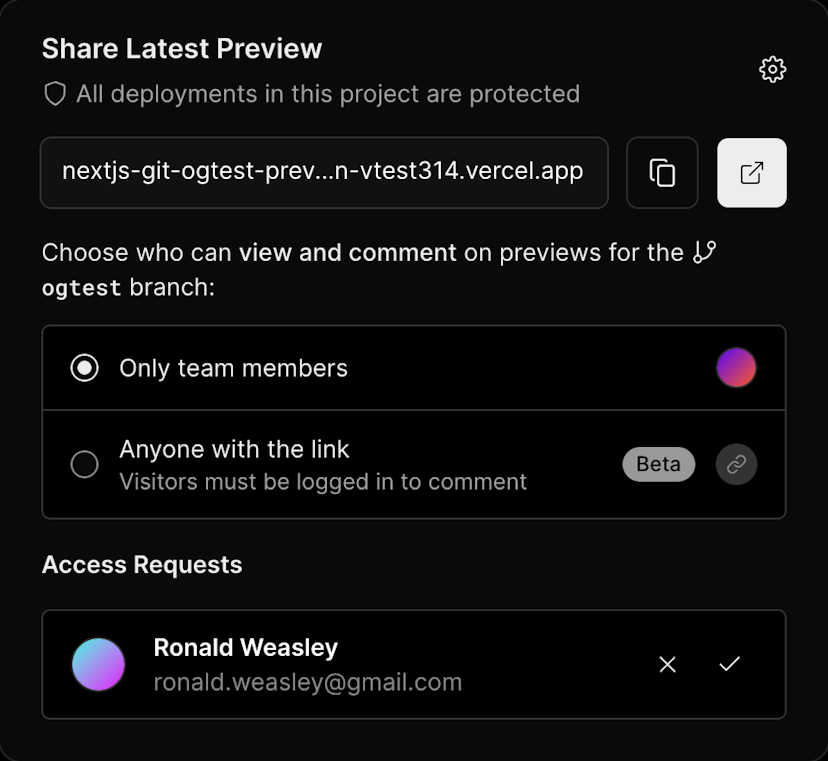 Access requests can be approved, declined and revoked in the deployment share modal.
