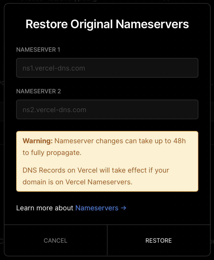 Restoring original nameservers by clicking the Restore button.