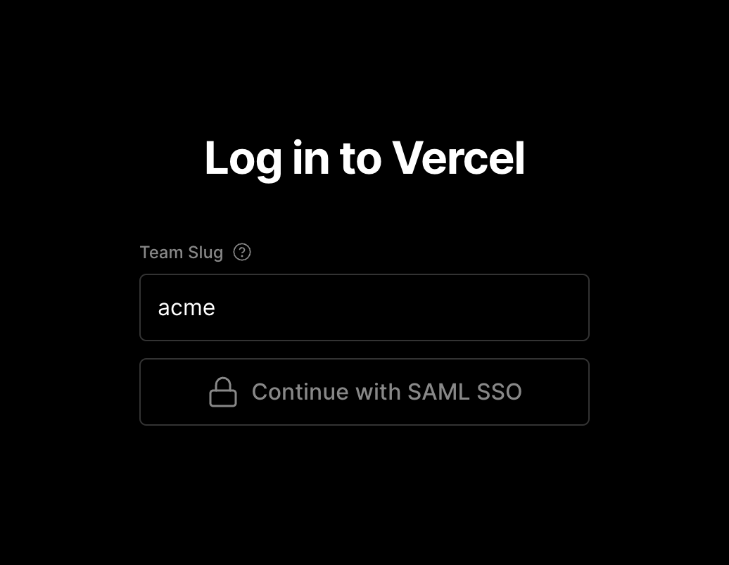 Vercel's login page showing only the SAML SSO login button.