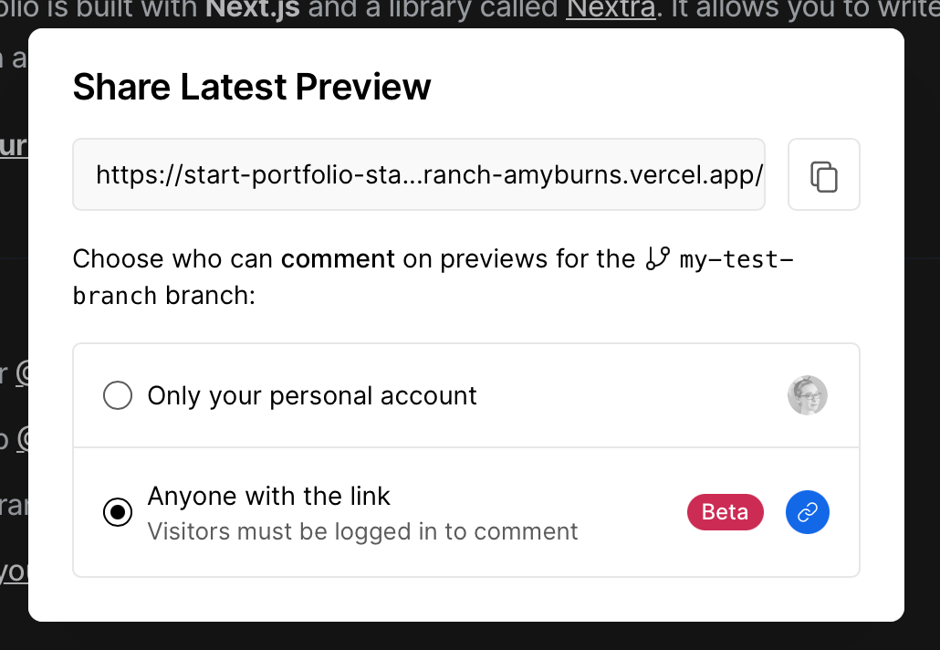 Share Latest Preview dialog