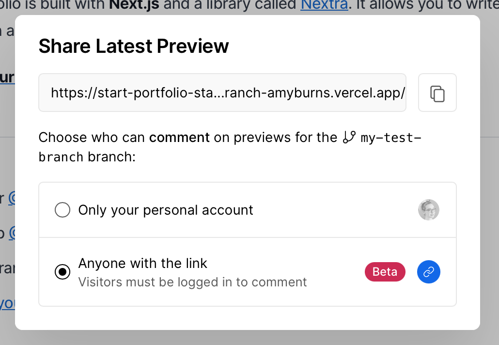 Share Latest Preview dialog