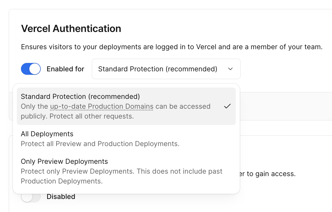 Selecting Standard Protection in the Vercel Dashboard.