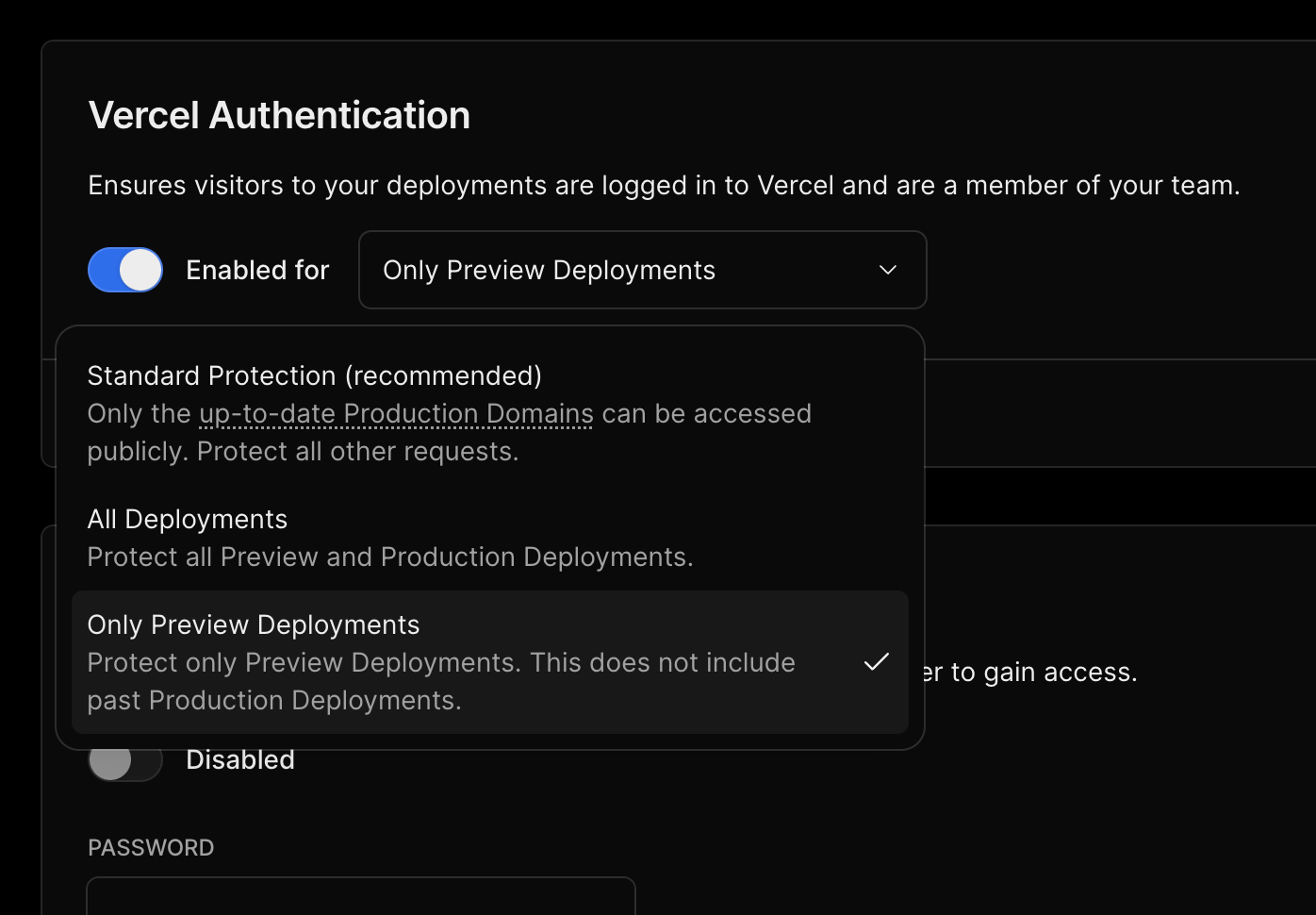 Selecting Only Preview Deployments in the Vercel Dashboard.