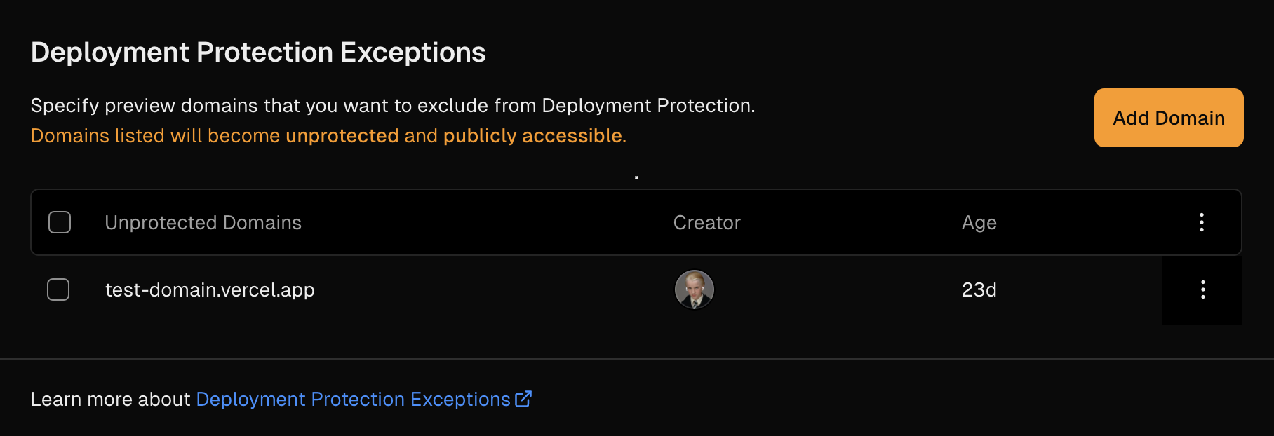 Deployment Protection Exceptions.