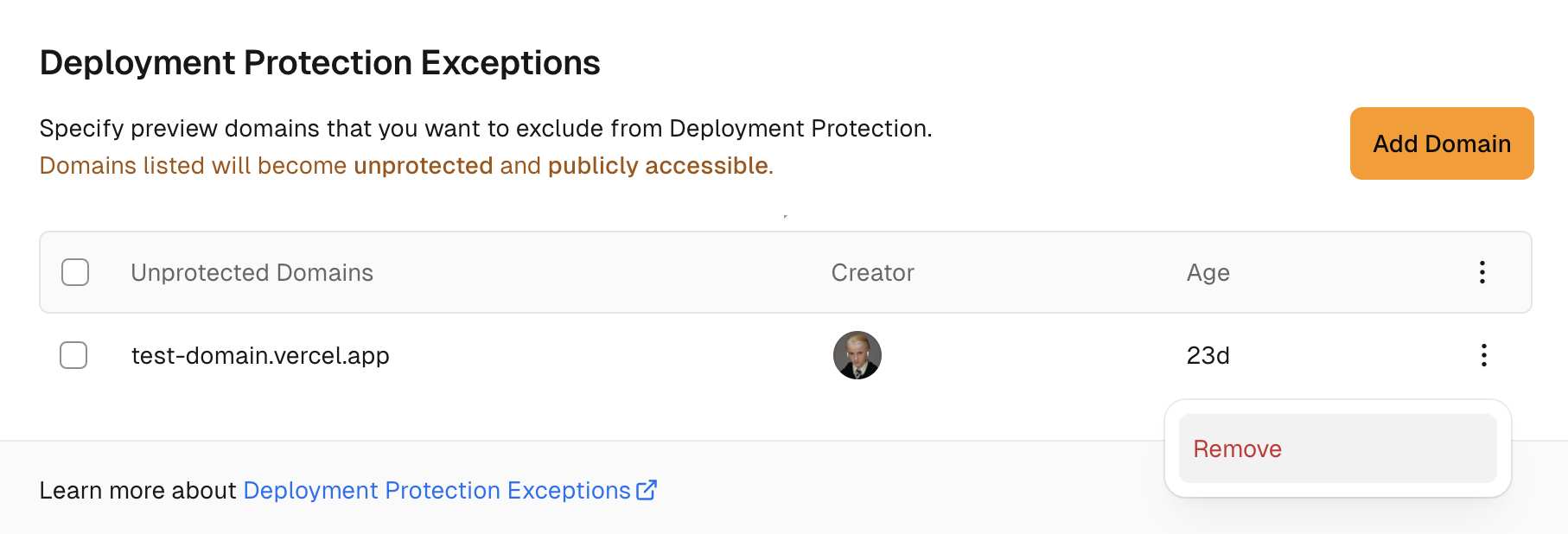 Removing Deployment Protection Exception.