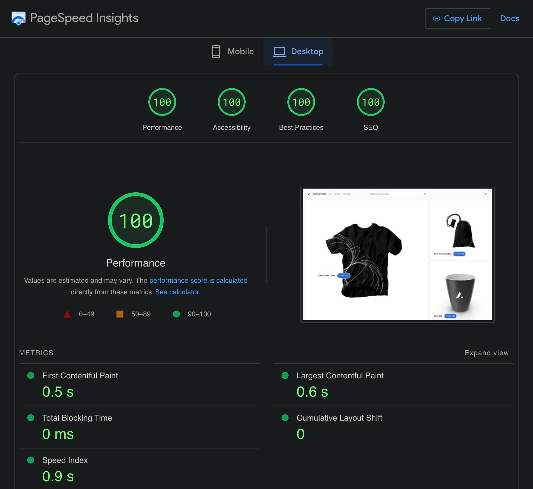 Next.js Commerce 2.0 desktop Lighthouse scores