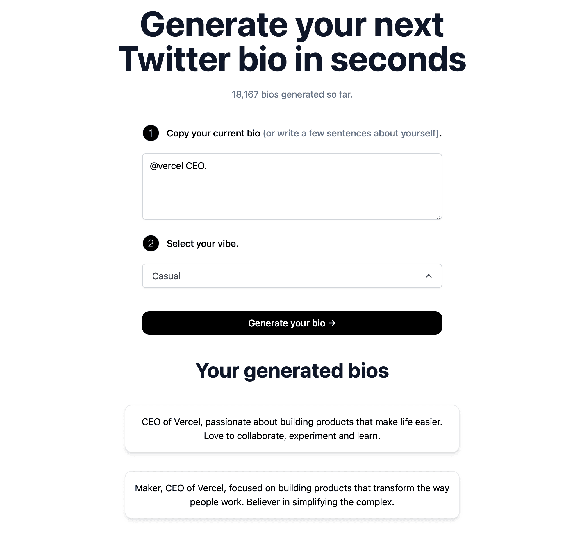 Screenshot of the site showing two generated bios.