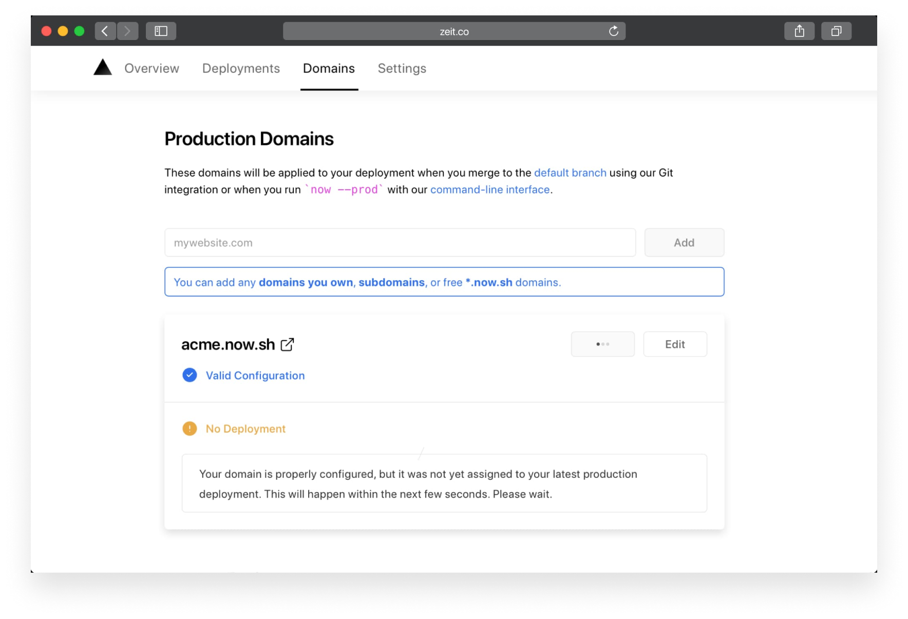 The interface guides you in setting up production domains for your project.