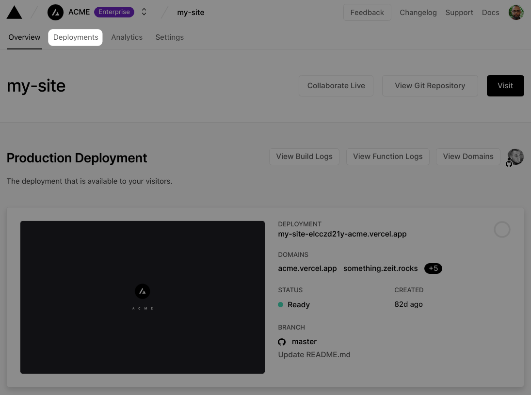 Deployments tab of the Project Overview page
